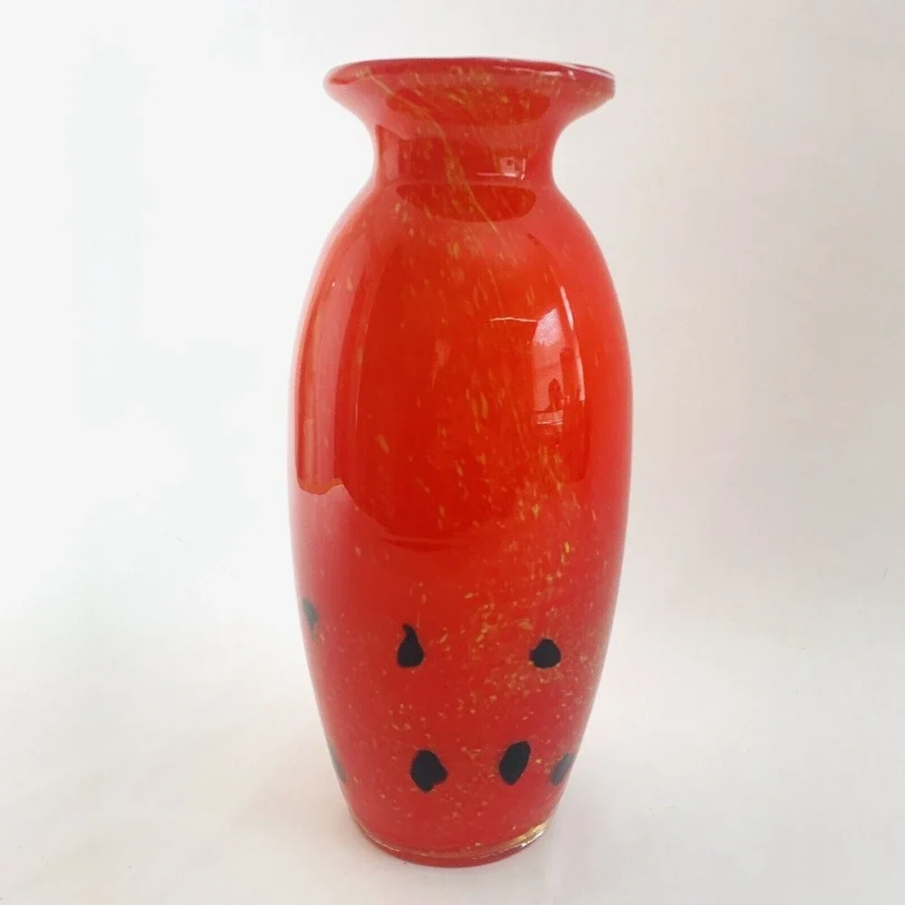 Large Glass Vase Red Gold Fleck Handmade Holiday Christmas Decor Gift Modern